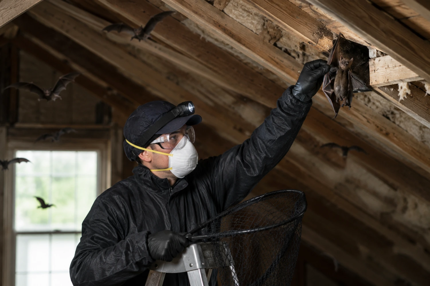 Humane bat removal exclusion device installed at active bat entry point Troy Michigan